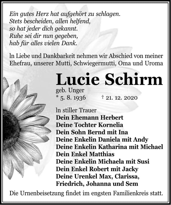 Traueranzeige Lucie Schirm, geb. Unger