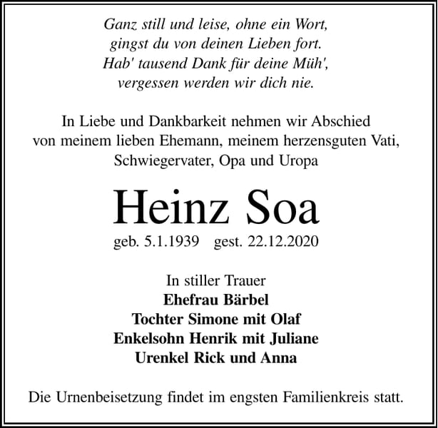 Traueranzeige Heinz Soa