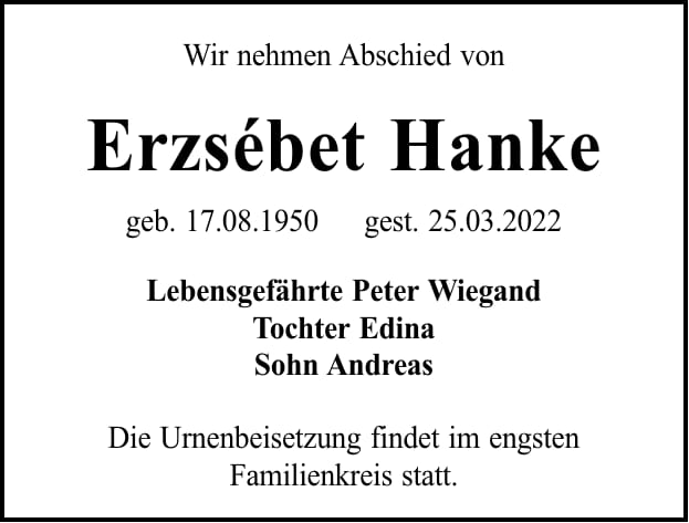 Traueranzeige Erzsébet Hanke