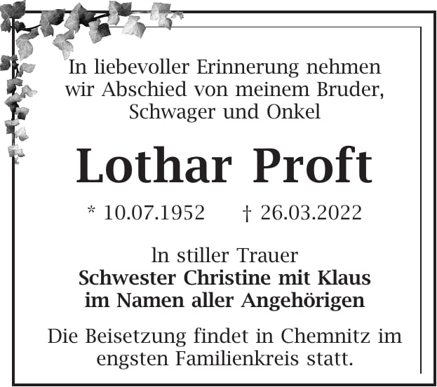 Traueranzeige Lothar Proft