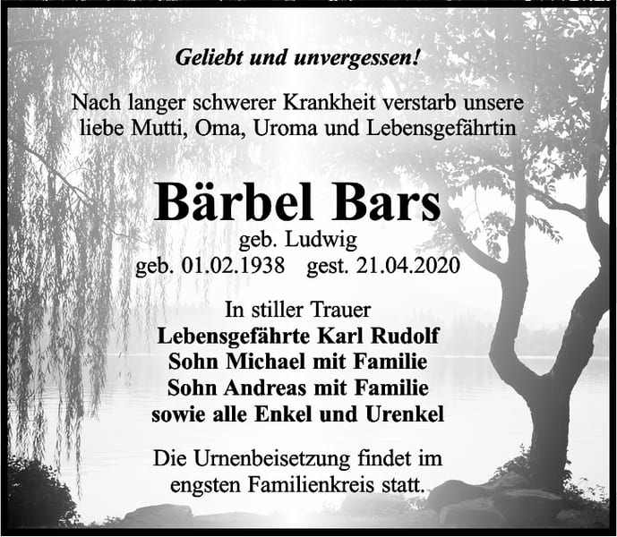 Traueranzeige Bärbel Bars, geb. Ludwig