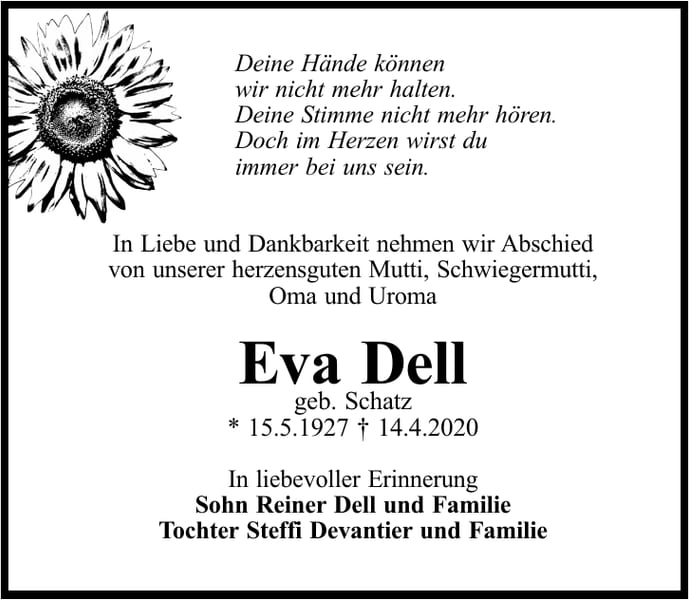 Traueranzeige Eva Dell, geb. Schatz