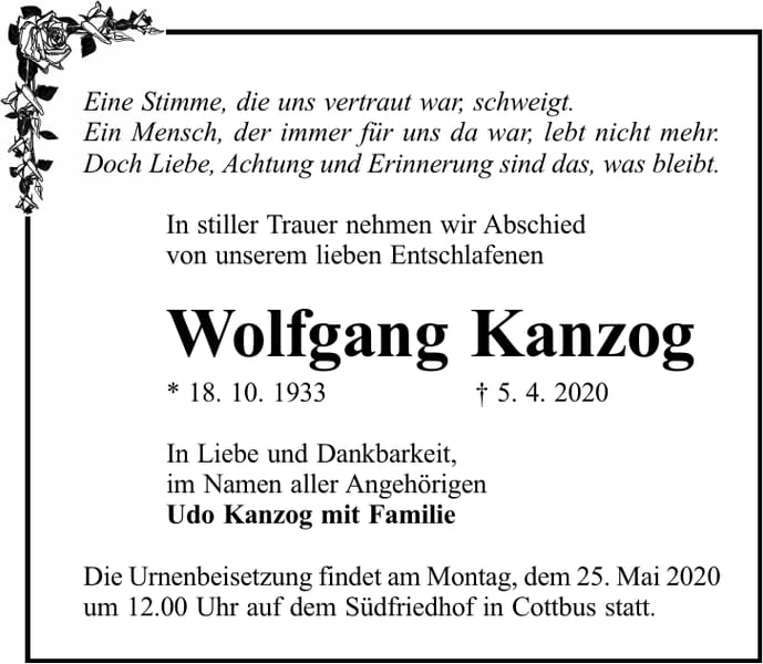 Traueranzeige Wolfgang Kanzog