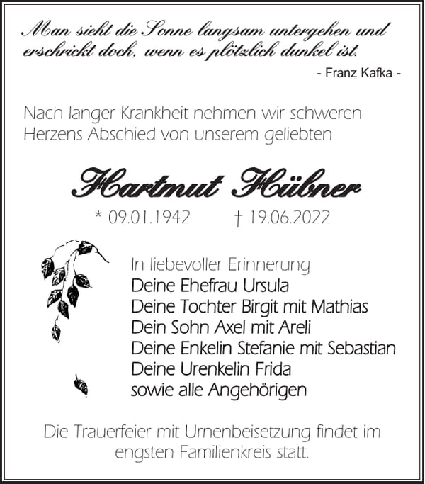 Traueranzeige Hartmut Hübner