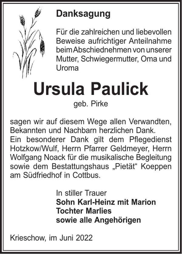 Danksagung Ursula Paulick, geb. Pirke