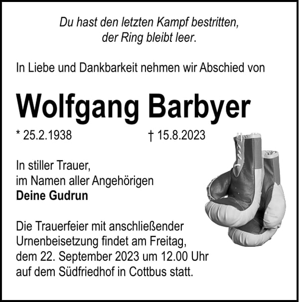 Traueranzeige Wolfgang Barbyer