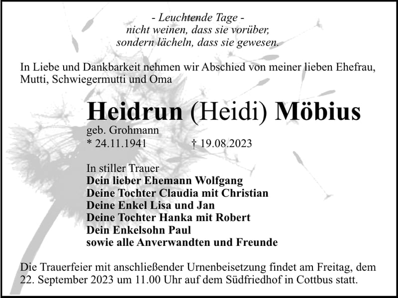 Traueranzeige Heidrun (Heidi) Möbius, geb. Grohmann