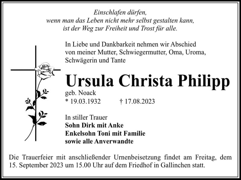 Traueranzeige Ursula Christa Philipp, geb. Noack