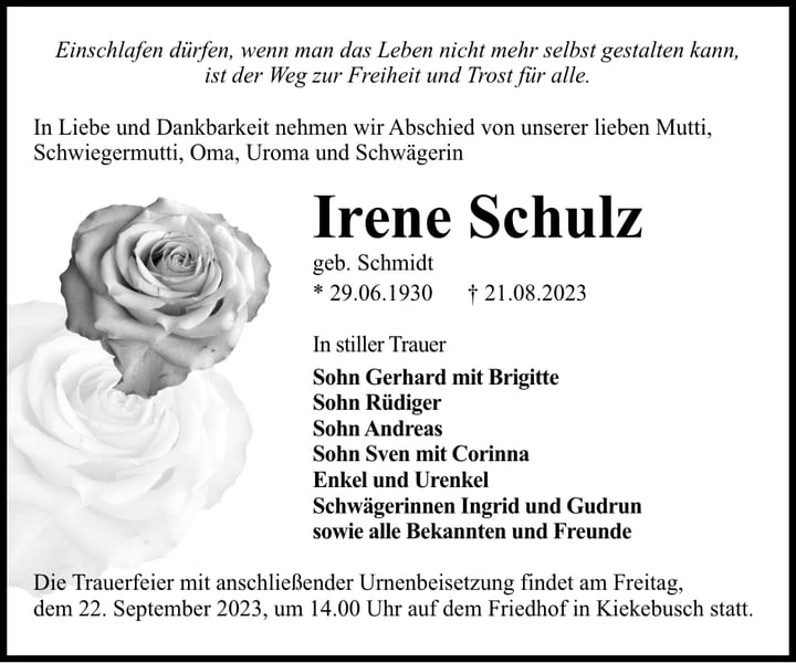 Traueranzeige Irene Schulz, geb. Schmidt