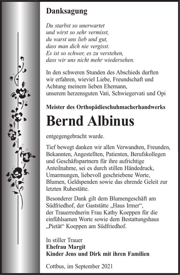 Danksagung Bernd Albinus