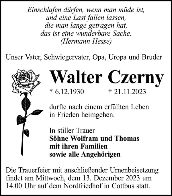 Traueranzeige Walter Czerny