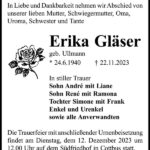 Traueranzeige Erika Gläser, geb. Ullmann