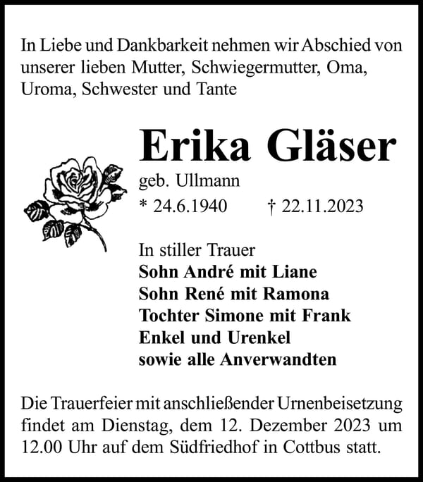 Traueranzeige Erika Gläser, geb. Ullmann