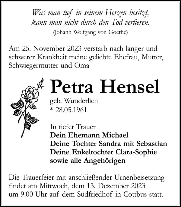 Traueranzeige Petra Hensel, geb. Wunderlich