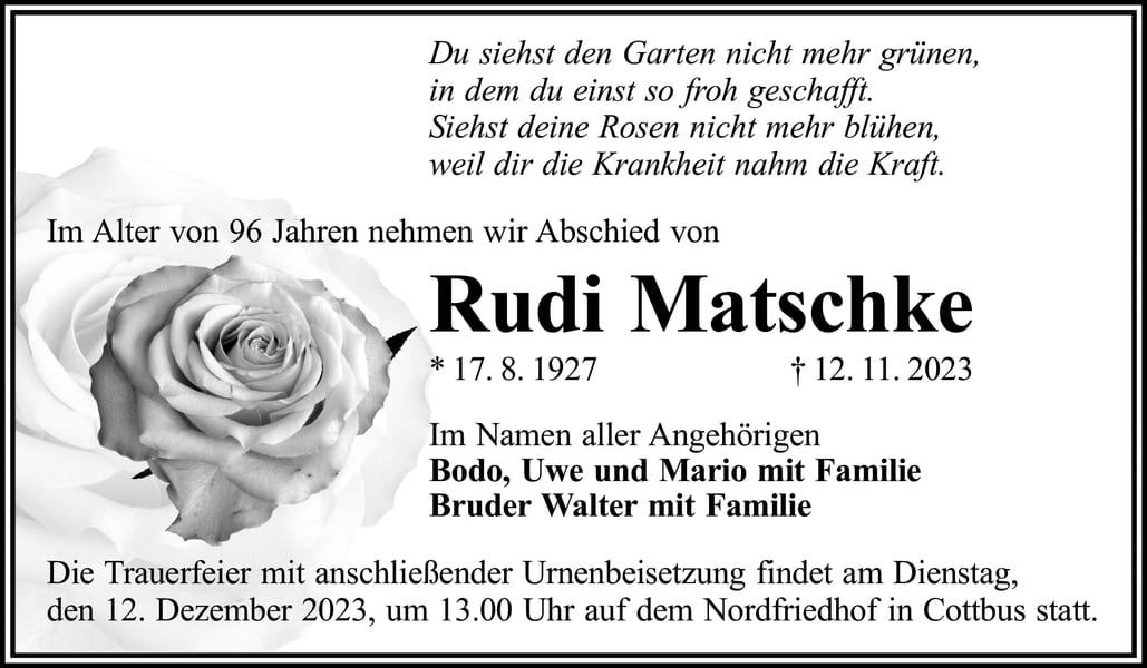 Traueranzeige Rudi Matschke