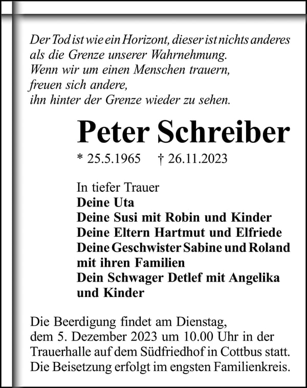 Traueranzeige Peter Schreiber
