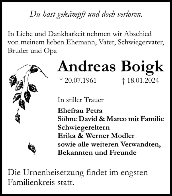 Traueranzeige Andreas Boigk