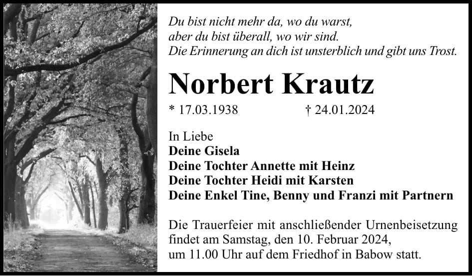 Traueranzeige Norbert Krautz
