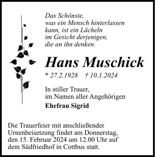 Traueranzeige Hans Muschick