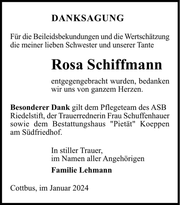 Danksagung Rosa Schiffmann