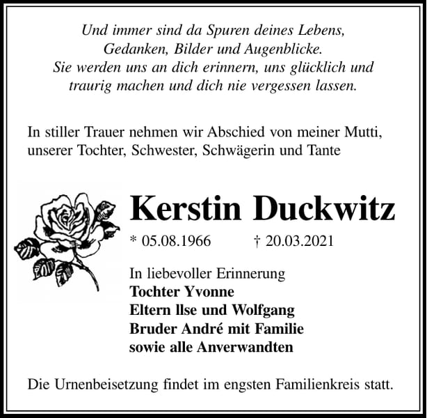 Traueranzeige Kerstin Duckwitz
