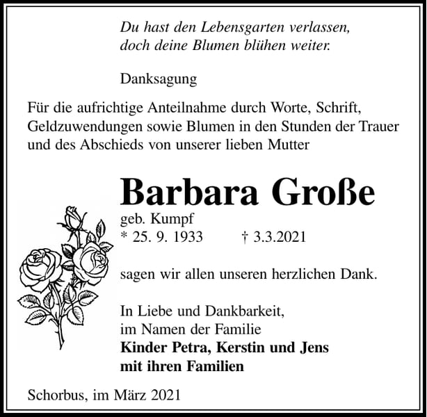 Danksagung Barbara Große, geb. Kumpf
