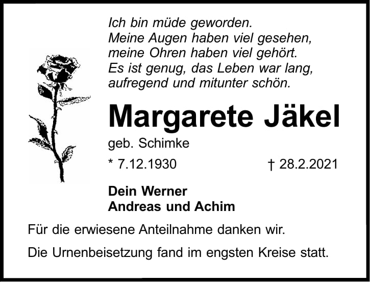 Danksagung Margarete Jäkel, geb. Schimke