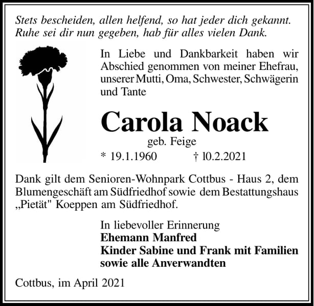 Traueranzeige Carola Noack, geb. Feige