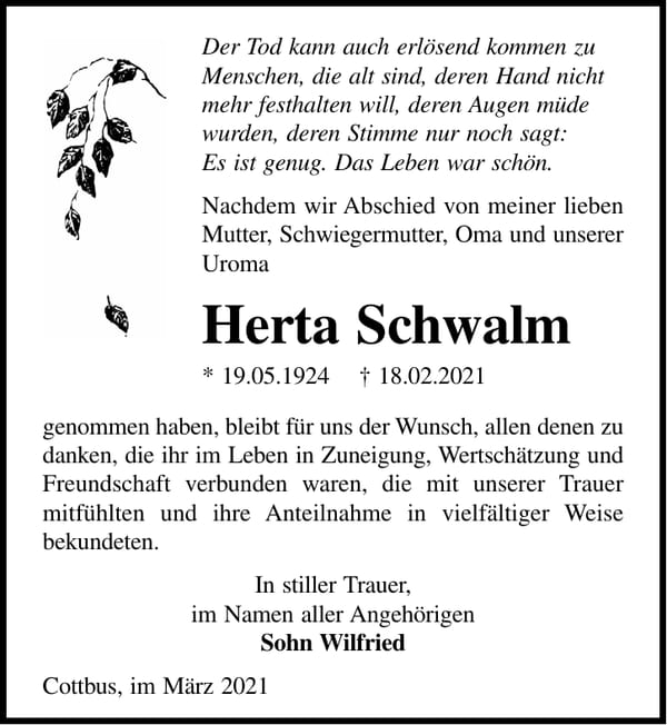 Danksagung Herta Schwalm