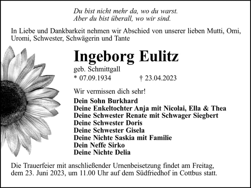Traueranzeige Ingeborg Eulitz, geb. Schmittgall