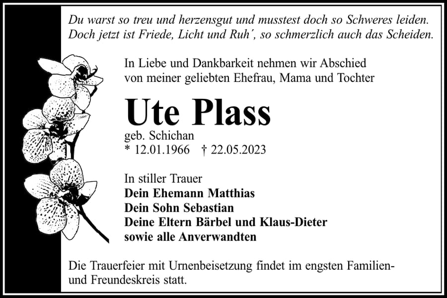 Traueranzeige Ute Plass, geb. Schichan