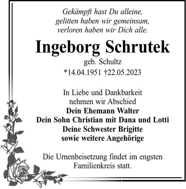 Traueranzeige Ingeborg Schrutek, geb. Schultz