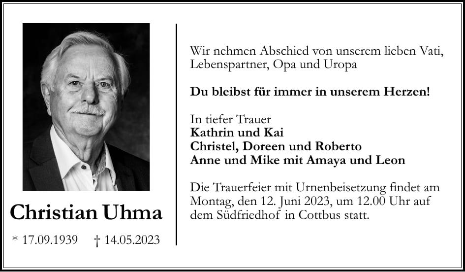 Traueranzeige Christian Uhma