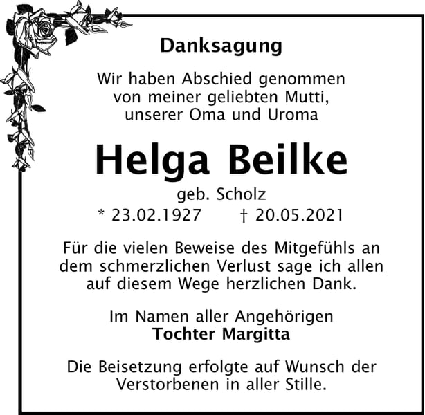 Danksagung Helga Beilke, geb. Scholz