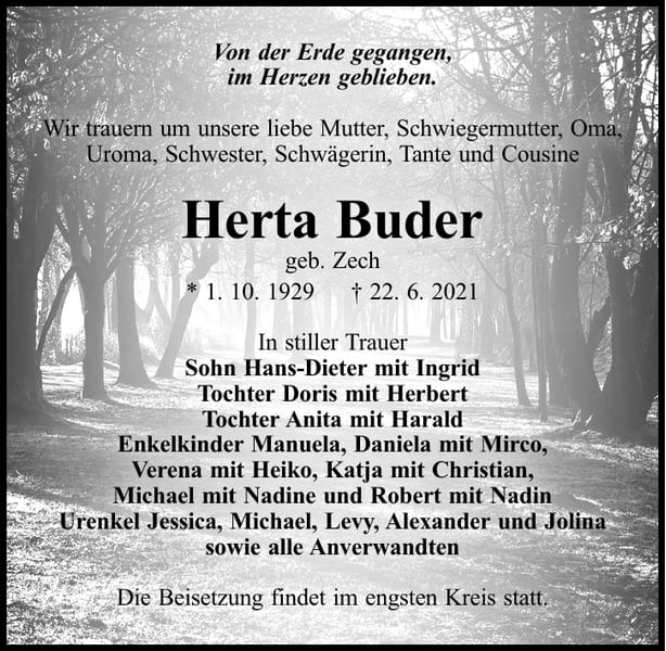 Traueranzeige Herta Buder, geb. Zech