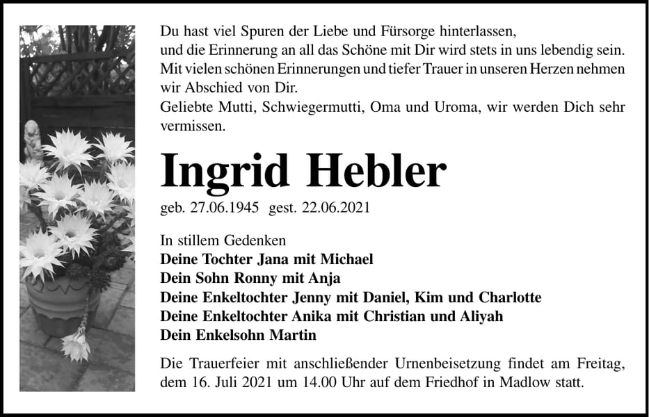Traueranzeige Ingrid Hebler