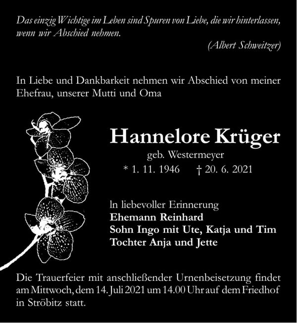 Traueranzeige Hannelore Krüger, geb. Westermeyer