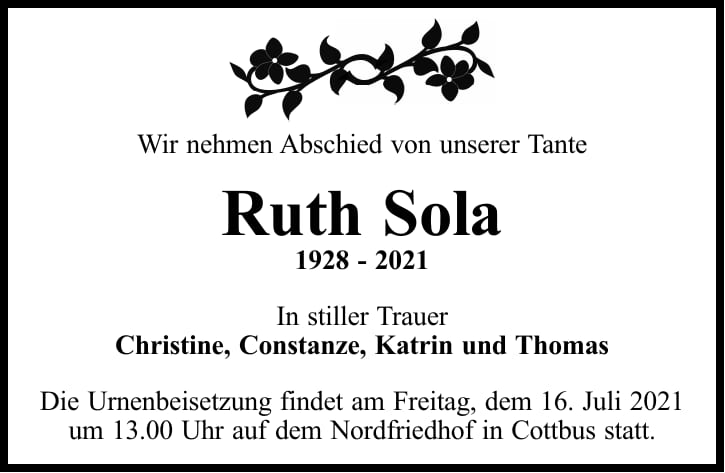 Traueranzeige Ruth Sola