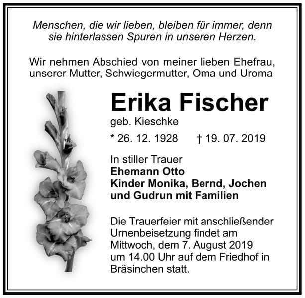 Traueranzeige Erika Fischer, geb. Kieschke
