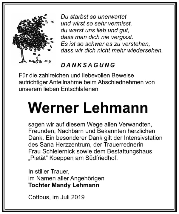 Traueranzeige Werner Lehmann