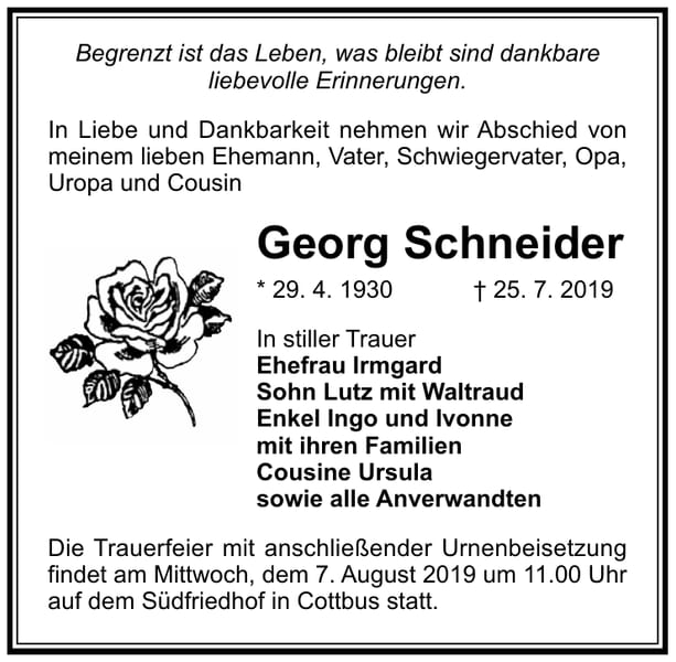 Traueranzeige Georg Schneider