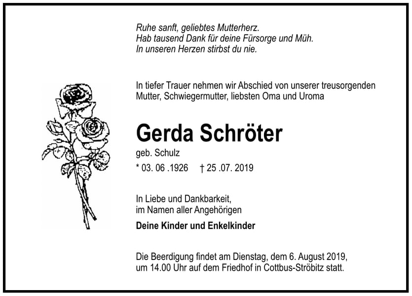 Traueranzeige Gerda Schröter, geb. Schulz