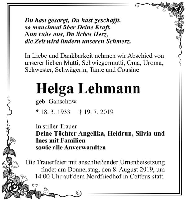 Traueranzeige Helga Lehmann, geb. Ganschow