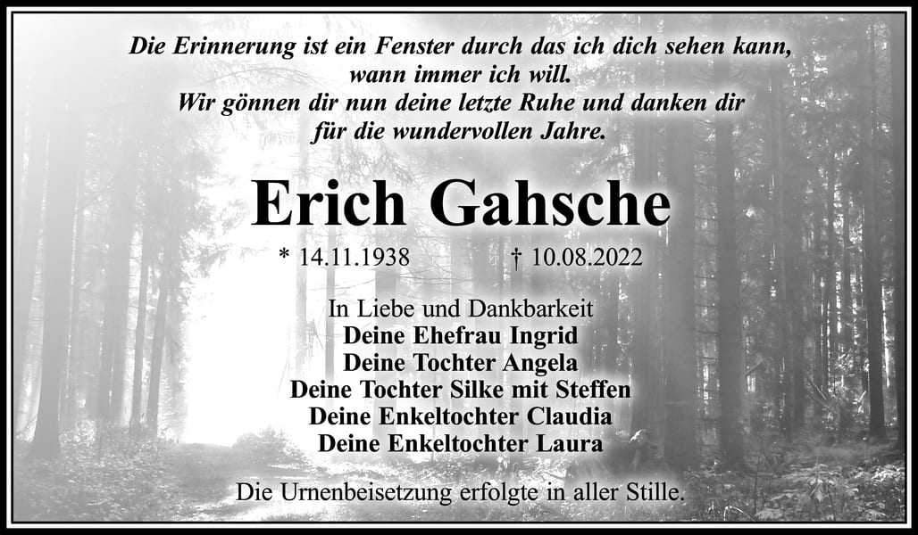 Traueranzeige Erich Gahsche