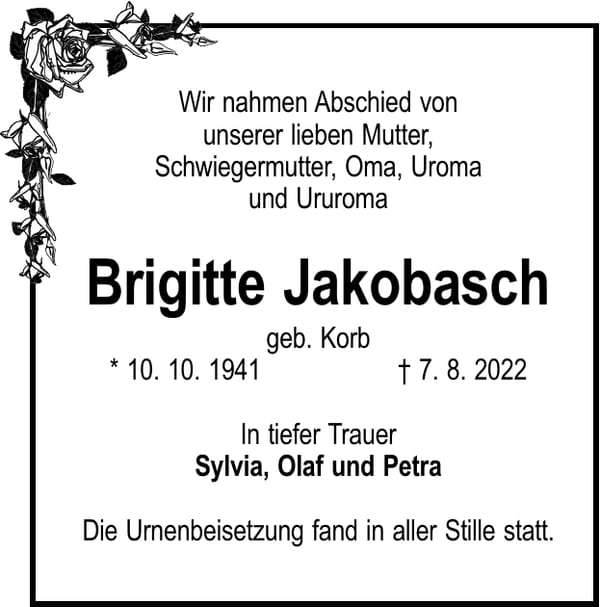 Traueranzeige Brigitte Jakobasch, geb. Korb