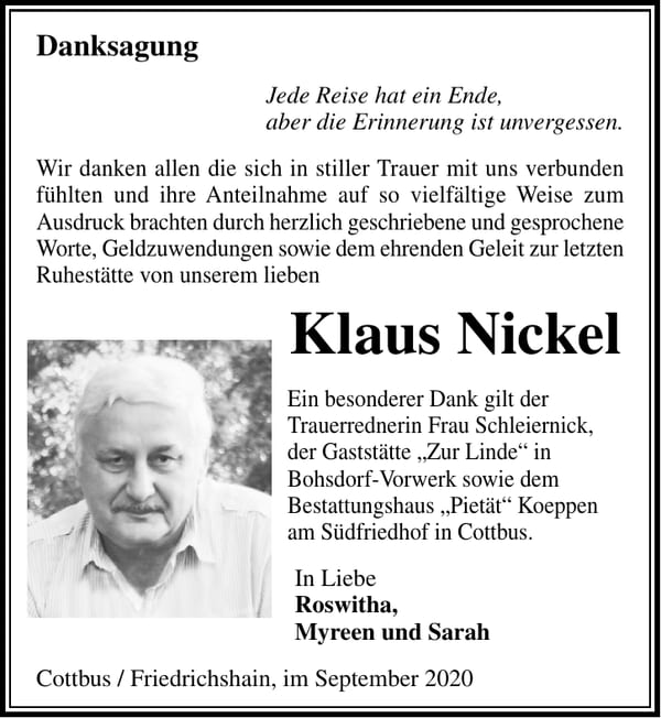 Danksagung Klaus Nickel