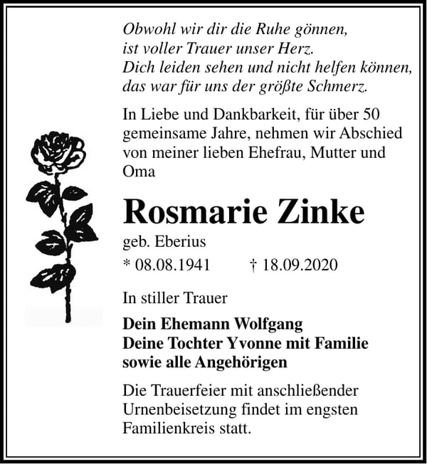 Traueranzeige Rosmarie Zinke, geb. Eberius