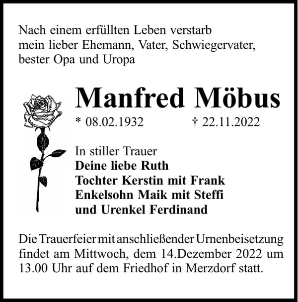 Traueranzeige Manfred Möbus
