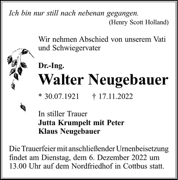 Traueranzeige Walter Neugebauer