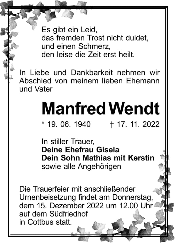 Traueranzeige Manfred Wendt